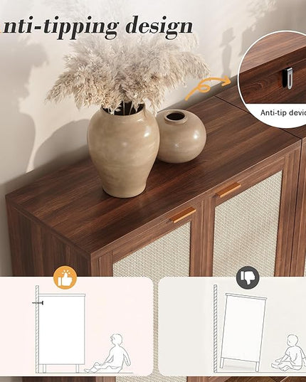 YOUDENOVA 62.3" Sideboard Buffet Cabinet, Rattan Storage Sideboard Cabinet with 4-Door and Adjustable Shelves, Farmhouse Console Table for Dining Room, Entryway, Living Room, Rustic Brown