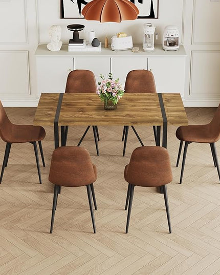 Dining Table Set for 6, Modern 55'' Dark Wood Dining Table and Fabric Dining Chairs Set of 6,Table and Chairs Set of 6,Ideal for Kitchen Dining Room