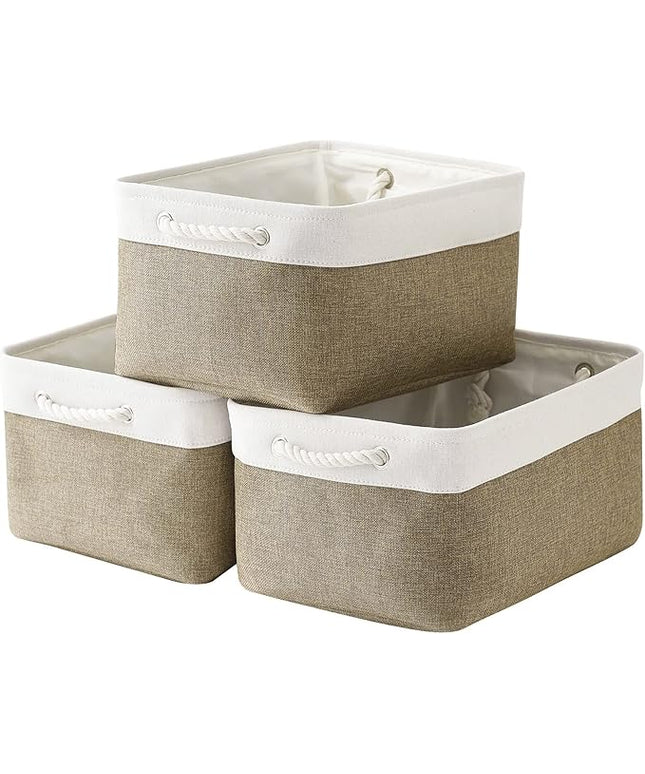 TheWarmHome Storage Basket for Organizing - 16x12x8 inch Large 3 Pack Collapsible Storage Bin for Shelves with Handles, Fabric Storage Cubes for Organizer Cloth Gift Toy Closet (Whiet & Khaki)