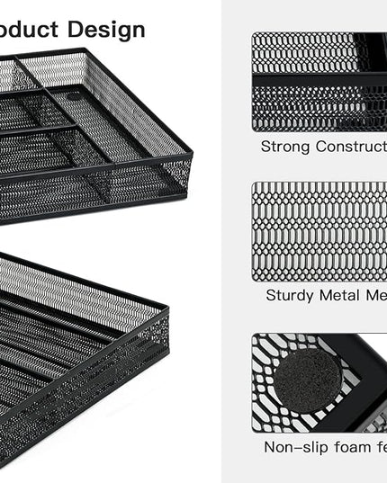 Neudeco Drawer Organizer Set 5 Pack - 4-Compartment Silverware Organizer Tray + 4 Utensil Trays, Kitchen Drawer Organizer for Flatware, Cutlery, Office Supplies, Black Mesh, Non-Slip.