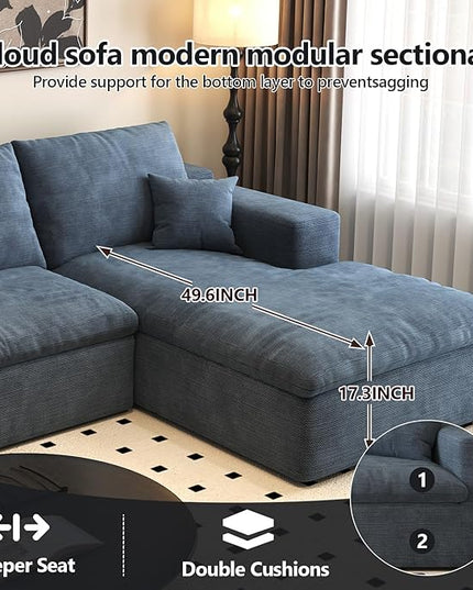 107'' U-Shaped Modern Modular Sectional Cloud Couch Whit Ottoman, 4-Seat Chenille Deep-Seat Sofa with Pillow for Living Room, Bedroom, Apartment, Ocean Blue