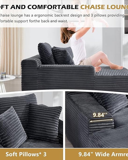 67" Boneless Chaise Lounge Chair,Indoor Corduroy Oversized Sleeper Sofa w/9.9'' Wide Armrest & 3 Soft Pillows, Convertible Boneless Sofa Bed - 2-in-1 Chair & Ottoman for Reading, Living Room,Grey