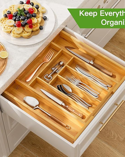 Pipishell Bamboo Expandable Drawer Organizer for Utensils Holder, Adjustable Cutlery Tray, Wood Drawer Dividers Organizer for Silverware, Flatware, Knives in Kitchen, Bedroom, Living Room(M-N)