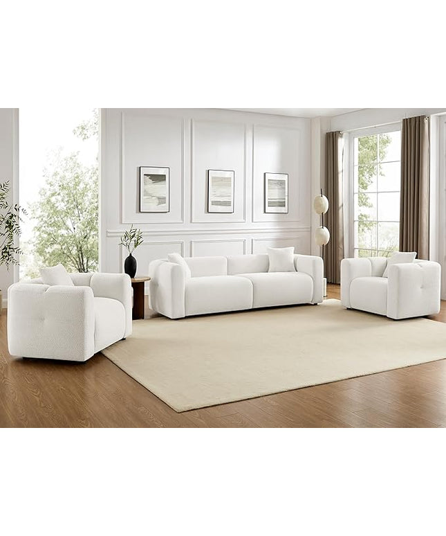 VANOMi Living Room Furniture Sets Include 95" Sofa & 42" Armchairs, Boucle Upholstered Oversized Couch with Pillows, Living Room Furniture Set for Bedroom Apartment (White, 1 Sofa+2 Chairs)