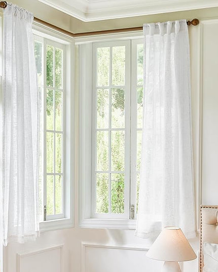 Greyish White Linen Sheer Curtains 63 Inch Length 2 Panels for Bedroom,Light Filtering Curtains Living Room Drapes for Bedroom Sand Beach Farmhouse Set with Rod Pocket and Back Tab,52x63 Inches