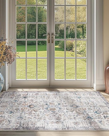 jinchan Kalen Area Rug 3x5 Washable Entryway Rug Vintage Door Mat Indoor Entrance Thin Retro Distressed Floral Doormat Country Boho Lightweight Non Slip Carpet for Bathroom Kitchen Bedroom Blue Multi