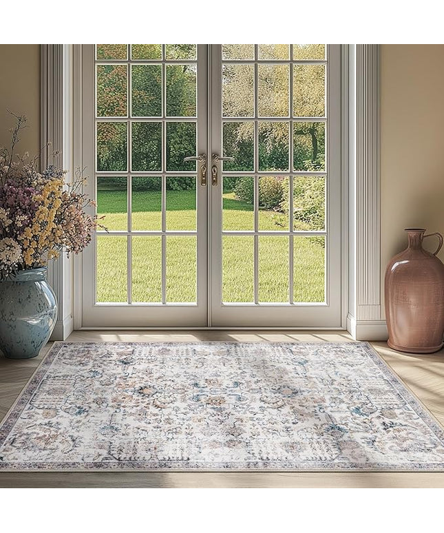 jinchan Kalen Area Rug 3x5 Washable Entryway Rug Vintage Door Mat Indoor Entrance Thin Retro Distressed Floral Doormat Country Boho Lightweight Non Slip Carpet for Bathroom Kitchen Bedroom Blue Multi