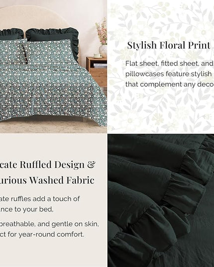 King Comforter Set - 7 Pieces Ruffle Forest Green Bedding Sets, Shabby Chic Farmhouse Bed in a Bag with Ruffle Comforter, Floral Sheets, Pillowcases & Shams