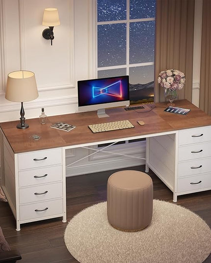 60 Inch Computer Desk with 8 Drawers, Home Office Desk with Power Outlets, Work Study Gaming Desk with 8 Fabric Drawers, Brown and White