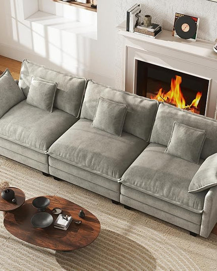 WorthFurni 111.4” Cloud Couch, Modular Sectional Sofa, Comfy Modern 3-Seater Couches with Pillows & Upholstered Deep Seat Cushion for Apartment Living Room Bedroom （Grey）