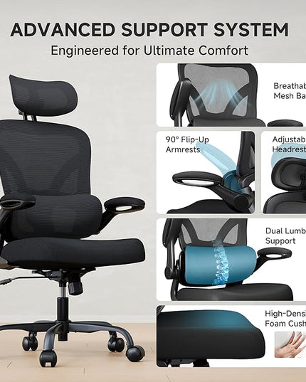 Ergonomic Office Chair with Adjustable Lumbar Support & Headrest, High Back Mesh Chair with Flip-up Armrests for Long Hours, 330 lbs Home Office Desk Chair, Black