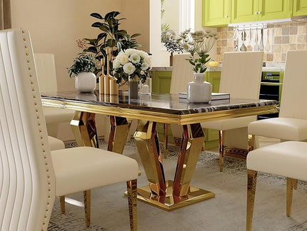 Luxury Dining Table, Black and Gold Dining Room Table, 78 inch Rectangle Dining Table with Polished Gold Double Pedestal for 4-8