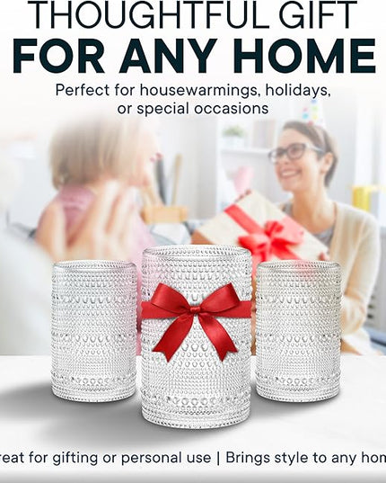 15 OZ Hobnail Drinking Set of 12 – Vintage Embossed Glassware, Textured Tumblers for Water, Beer, Cocktails, Mocktails, Whiskey & More – Includes Straws and Coasters – Clear
