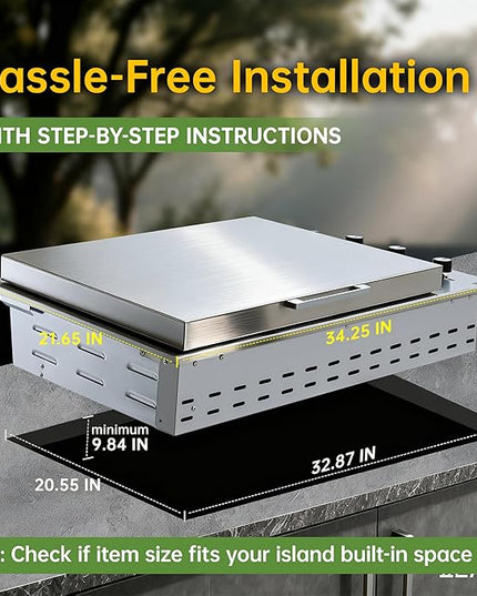 34-Inch Premium Built-In Liquid Propane Griddle for Outdoor Kitchen, 3-Burner Heavy Duty Stainless Steel Flat Top Grill with Lid, 48,000 BTUs, Large Cooking Area for BBQ Island, Outdoor Cooking,Silver