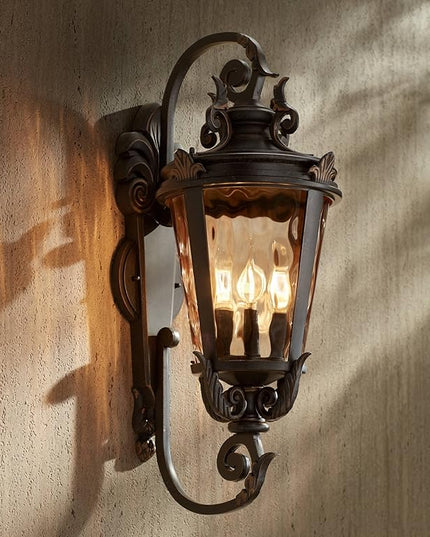 John Timberland Casa Marseille Rustic Industrial Outdoor Wall Light Fixture Warm Bronze Scroll 27 1/2" Hammered Glass for Exterior House Porch Patio Outside Deck Garage Yard Front Door Garden Home