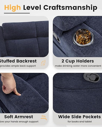 Manual Reclining Sofa,RV Loveseat Reclining Couch with Drop Down Table/ 4 Cup Holder/Hidden Storage, Wall Hugger Recliner Sofa for Living Room & Home Theater & RV(Blue)