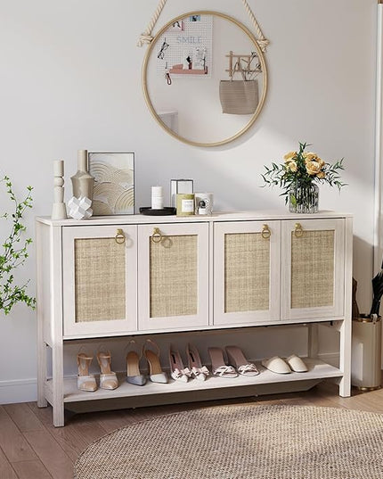 Rattan Entryway Cabinet with Storage,55“ Boho Credenza Storage Cabinet with 4 Doors and Adjustable Shelf, Wood Coffee Bar Console Cabinet Buffet Table for Kitchen, Dinning Room, Sideboard Buffet