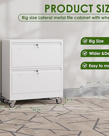 METAN Upgrade 2 Drawers Lateral File Cabinet on Wheels,Steel Office Filing Storage Cabinet with 2 Locks,White,Assembly Required