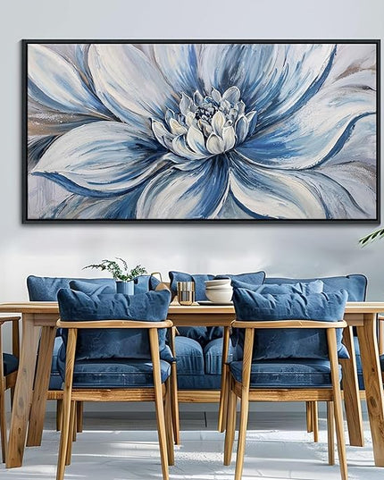 Pogusmavi Blue Floral Wall Art for Living Room - Large Textured Flower Pictures for Bedroom - Canvas Paintings, Extra Large Blue and White Wall Decor Dining Room Artwork for Walls 29×58IN