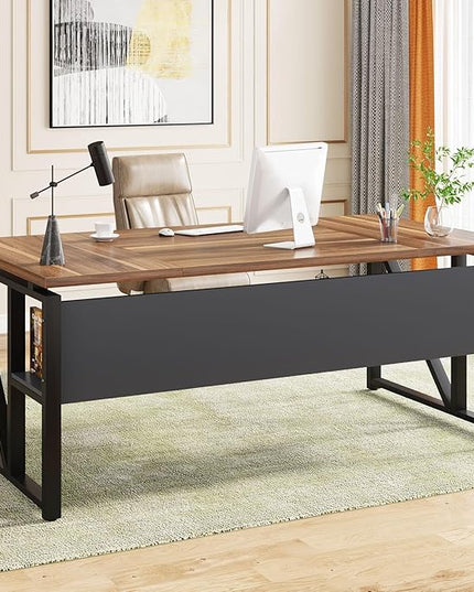 Tribesigns 63 inches Computer Desk with Bottom Storage Shelf Home Office Desk Writing Table for Workstation, Dark Walnut + Steel Leg, Cabinet not Included (Walnul, 63-inch-with Shelf)