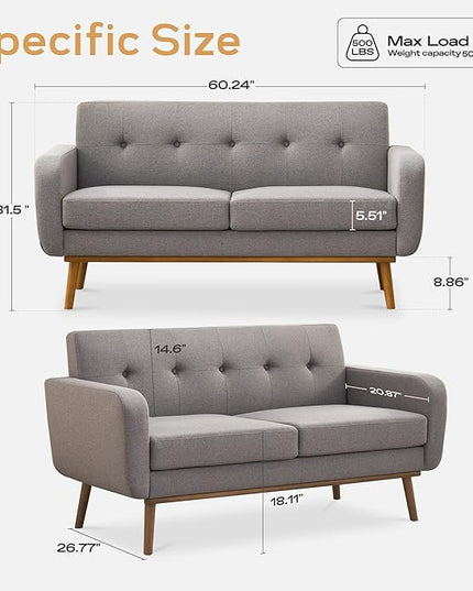 HUIMO Sofa Couch, Mid Century Modern Sofa with Solid Wood Frame, Button Tufted Couch for Bedroom, Living Room, Office, Apartment (Dark Grey, 60 inch)