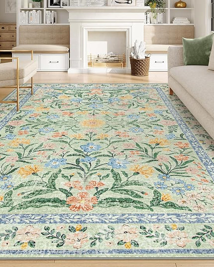 Wonnitar Machine Washable Area Rugs 9x12, Soft Sage Green Floral Rug for Living Room Bedroom, Ultra-Thin Large Foldable Boho Carpets for Playroom Classroom Dining Room