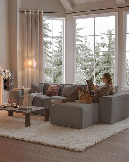 POVISON 115" Modular Sectional Sofa for Living Room Modern Large Sectional Couche Velvet L Shaped Deep Seat Sofa Set 3 Seats with Reversible Ottoman Oversized Big Comfy Cloud Couch for House Office