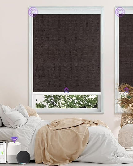 Astomi Motorized Roller Shades for Windows, Blackout Automatic Blinds with Remote, Smart Blinds, Voice Control, Compatible with Alexa, Google, Custom Size (Woven Brown)