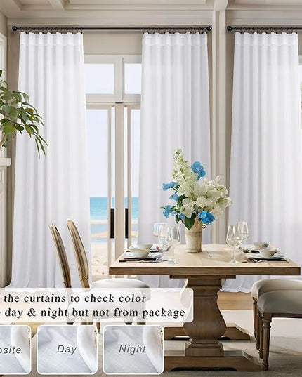 Solid White Curtains 96 Inches Long for Living Room 2 Panel Set Back Tab Pocket Opaque Draperies Semi Sheer Linen Light Filtering Curtain for Bedroom Floor Length Crisp Vintage Beach Country Chic 8 FT