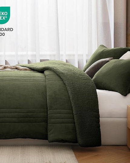 Monbix Fluffy Queen Comforter Set Olive Green, Sherpa Plush Fuzzy Comforter 3 Piece for Queen Size Bed, Luxury Soft Winter Warm Bedding Set