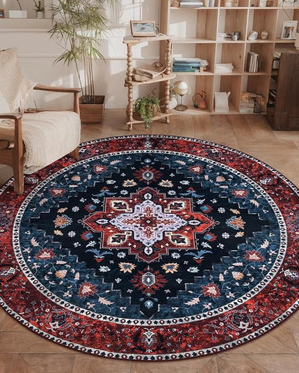 Ciicool Boho 5x5ft Round Area Rug Washable Bedroom Rug Non-Slip Oriental Entryway Throw Rug Low-Pile Indoor Carpet for Dining Room
