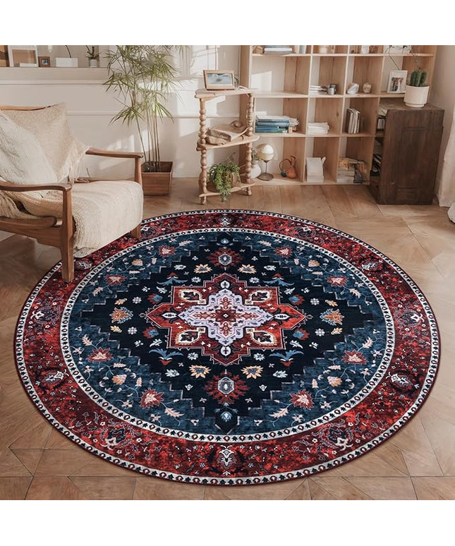 Ciicool Boho 5x5ft Round Area Rug Washable Bedroom Rug Non-Slip Oriental Entryway Throw Rug Low-Pile Indoor Carpet for Dining Room