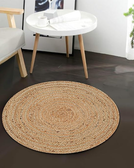 Hand Woven Jute Area Rug - 2' Round - Rustic Beige Reversible Farmhouse Rugs for Living Room, Bedroom, Kitchen - Vintage Natural Braided Entry Floor Décor Circle Boho Small Round Rugs 2 feet