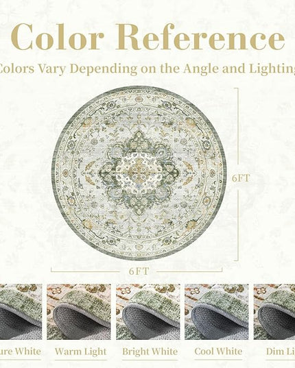 PADOOR-Vintage 6FT Round Rug-Rugs for Living Room-Soft Green Circle Rug-Machine Washable Rugs for Bedroom-Non Slip Carpet-Rug for Dining Room Living Room Bedside Office