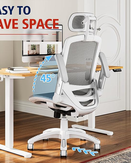 GABRYLLY Ergonomic Office Chair, High Back Home Desk Chair with Headrest, Flip-Up Arms, 90-120° Tilt Lock and Wide Cushion, 400LBS Mesh Chairs for Man Woman, White Task Chair(Dark Grey,GY01WDG)