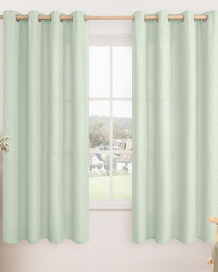 LAMIT Linen Window Curtains for Living Room, 63 inches Long Grommet Thermal Insulated Thick Curtains Privacy Boho Panels for Outdoor/Farmhouse, Set of 2 Panels, W52 x L63, Light Green