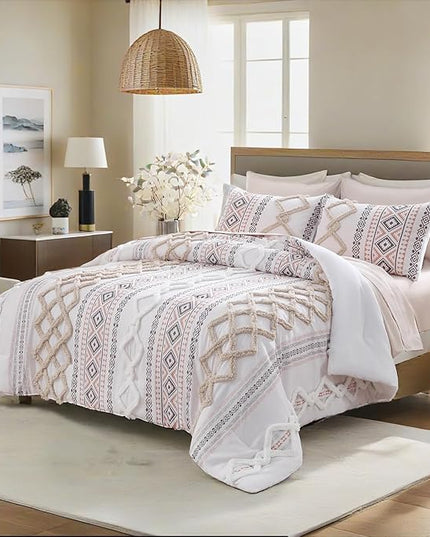 MOVE OVER Beige Tufted Comforter Set King 5 Pieces Shabby Chic Boho Bedding Set 100% Soft Microfiber Aztec Comforter Set Modern Style Ethnic Boho Tufted Bed Set for All Seasons