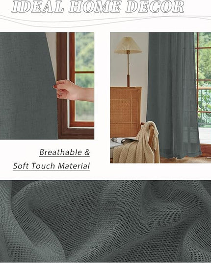DUALIFE Grey Linen Semi Sheer Window Curtain 84 Inch Length Panels Drapes for Living Room Boho Rod Pocket Back Tab Long Curtains Set 2 for Farmhouse Decor Bedroom, 52 x 84 Gray