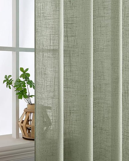 MIULEE Sage Linen Curtains 63 Inch Length 2 Panels for Bedroom Living Room,Green Soft Thick Linen Textured Kitchen Window Drapes Semi Sheer Light Filtering Back Tab Rod Pocket Burlap Look Decor