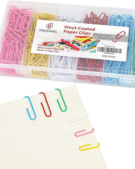 PAPERPAL Paperclips for Office School & Personal Use, Duo Size Vinyl Coated Paper Clip (2" & 1-2/7"), 540 Large & Medium Size Paper Clips (360 in No.1 Size, 180 in Jumo Size), Assorted Color