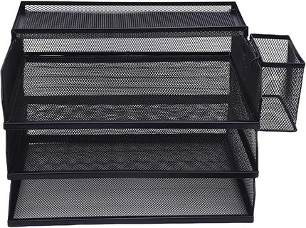3 Tier Paper Organizer 3 Tray Letter Storage Mesh Desk A4 File Sorter with Top Box Pen Container for Home School Office Desk Organization Iron Metal Mesh Design