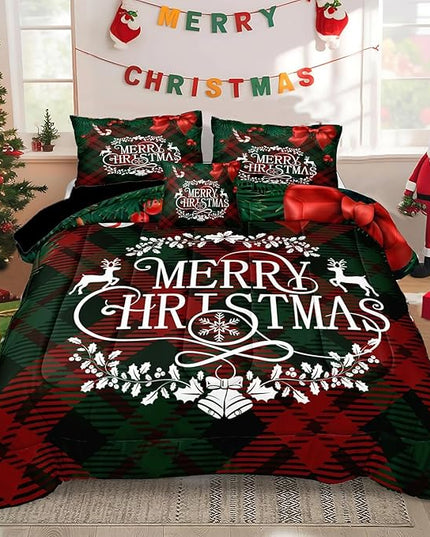 Bedbay Christmas Comforter Set King Size Bedding Set Xmas Bow Buffalo Checkered 8 Pcs Christmas Bedding Set 1 Comforter 4 Pillowcases 1 Cushion Cover 1 Flat Sheet 1 Fitted Sheet