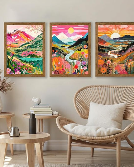 DUWQU 3 piece Colorful Watercolor Mountain Canvas Wall Art Boho Floral Painting Picture Wall Decor Abstract Nature Landscape Poster Print Artwork for Living Room Bedroom Office 12x16 Inch Wood Frames