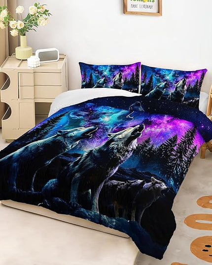AILONEN Night Wolf Comforter Set,Howling Wolves Bedding Set for Teens Adult Bedroom Decor Full Size,Bohemian Starry Night Wild Animal Duvet Set,3-Piece,1 Quilt with 2 Pillowcases
