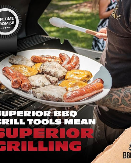 3 Piece BBQ Grilling Accessories Set - BBQ Tongs Spatula Fork Set - Heavy Duty Stainless Steel Barbecue Grill Tools with Solid Hard Wood Handles Great Gift Set