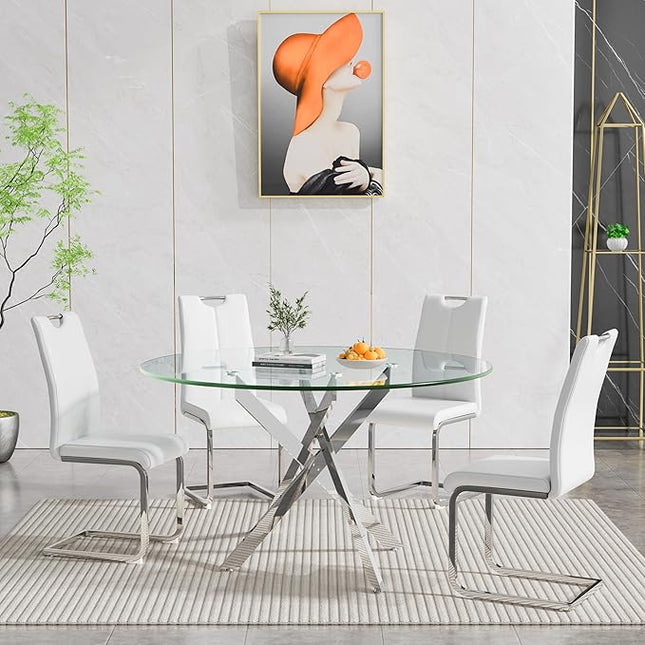 HomVent 5 Piece Round Glass Dining Table Set, Round Glass Kitchen Table Set for 4 with 4 PU Upholstered Dining Chairs for Kitchen Dining Room
