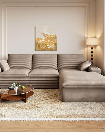 107" Cloud Couch Modular Sectional Sofa for Living Room, L-Shape Boneless Couch with Deep Seat, Modern Corduroy 3-Seater, No Assembly Required (Camel,Right-Facing Chaise)