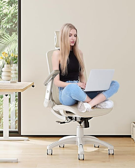 GABRYLLY Ergonomic Office Chair, High Back Home Desk Chair with Headrest, Flip-Up Arms, 90-120° Tilt Lock and Wide Cushion, 400LBS Mesh Chairs for Man Woman, White Task Chair(Beige,GY01WBG)