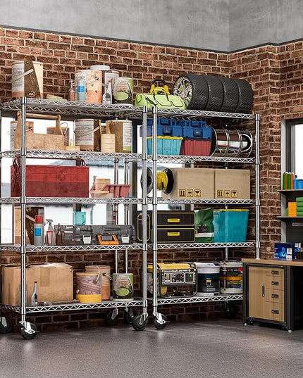 IZEUK 5-Tier Storage Shelving Unit with Wheels, Adjustable Heavy Duty Steel Wire Rack Organizer (Chrome, 17.7" D x 47.2" W x 76.7" H, 1750 lbs Capacity) for Garage, Kitchen, Pantry, Laundry