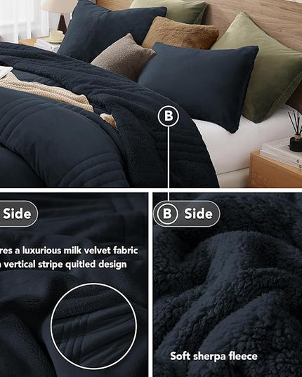 Monbix Fluffy Full Comforter Set Navy Blue, Sherpa Plush Fuzzy Comforter 3 Piece for Full Size Bed, Luxury Soft Winter Warm Bedding Set